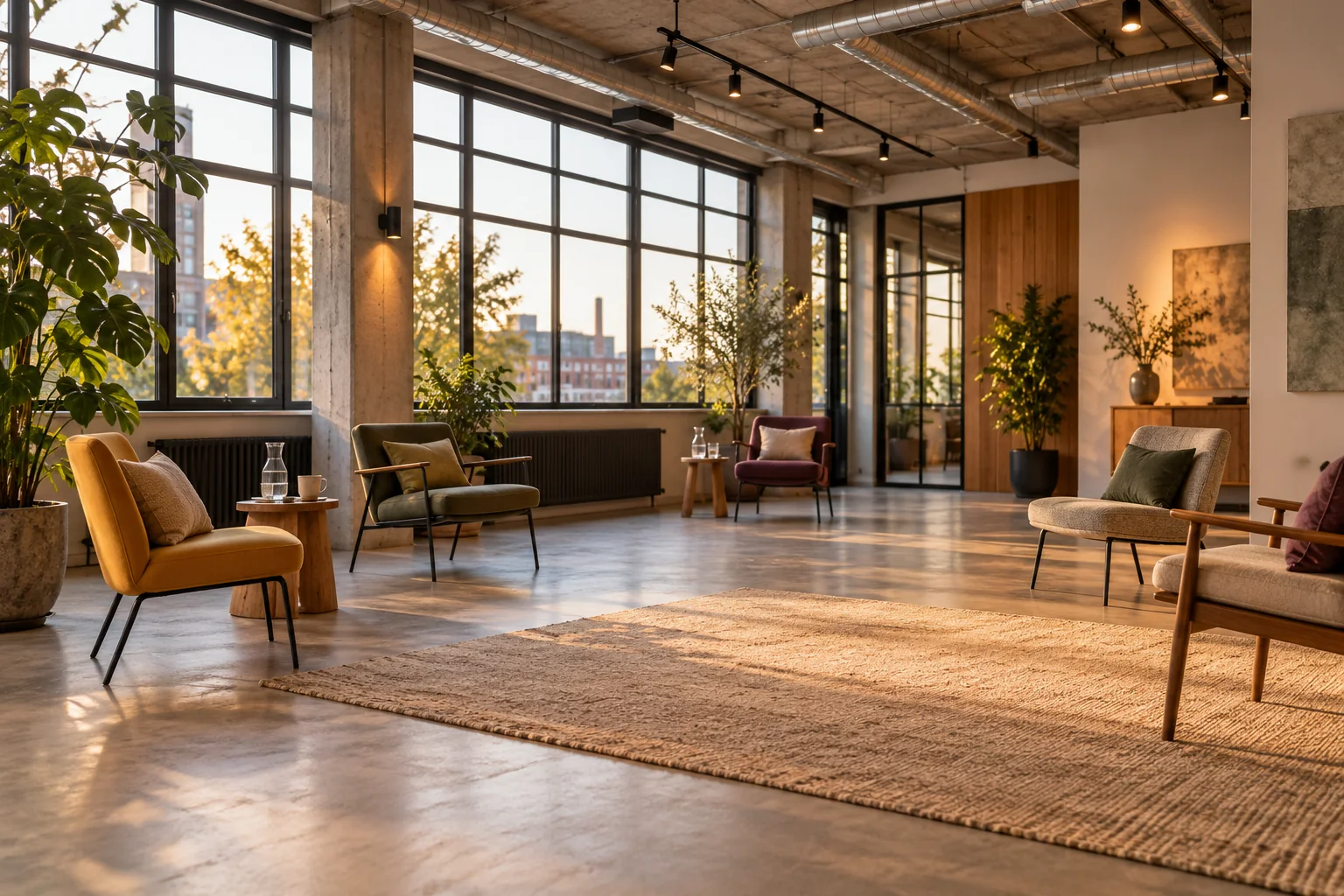 Een open industriële ruimte met losse stoelen en veel daglicht